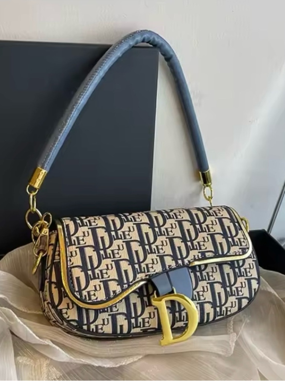 Cream and Blue Monogram Crossbody Saddle Bag with Gold Hardware